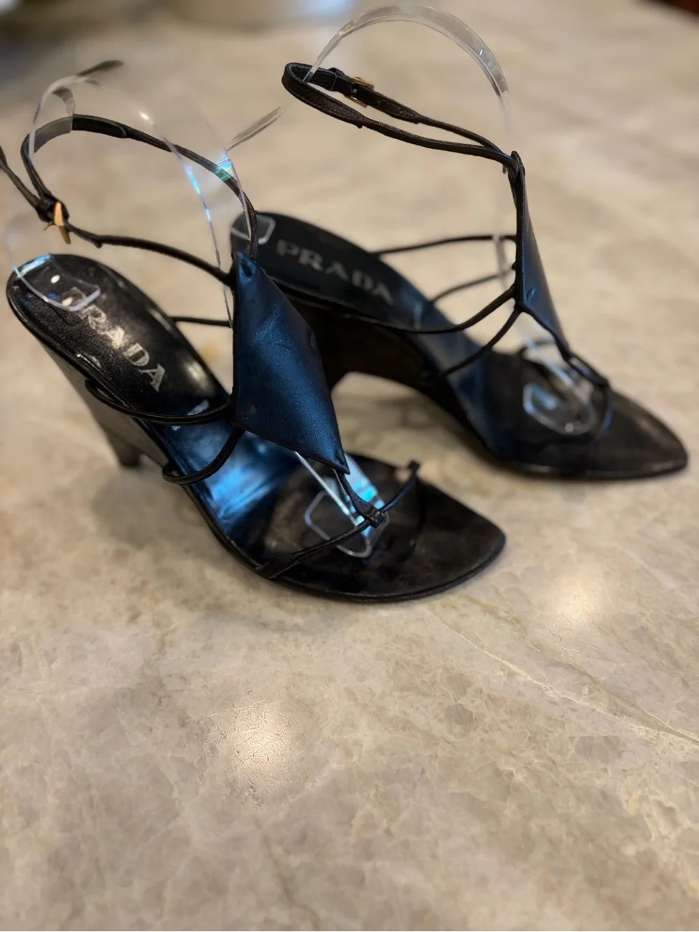Prada Black Strappy Pointed-Toe Wedge style Heeled Sandals.